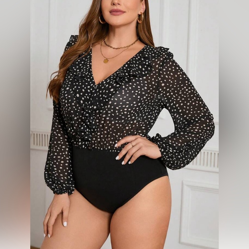NWT Shein S Black Cream Polka Dot Chiffon Ruffle Semi Sheer Bodysuit
